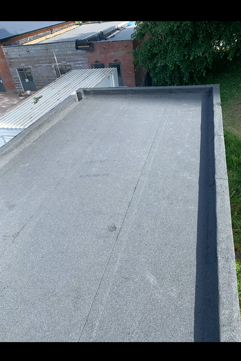 Felt flat roof with a neat upstand kerb along the edge, beside a green lawn