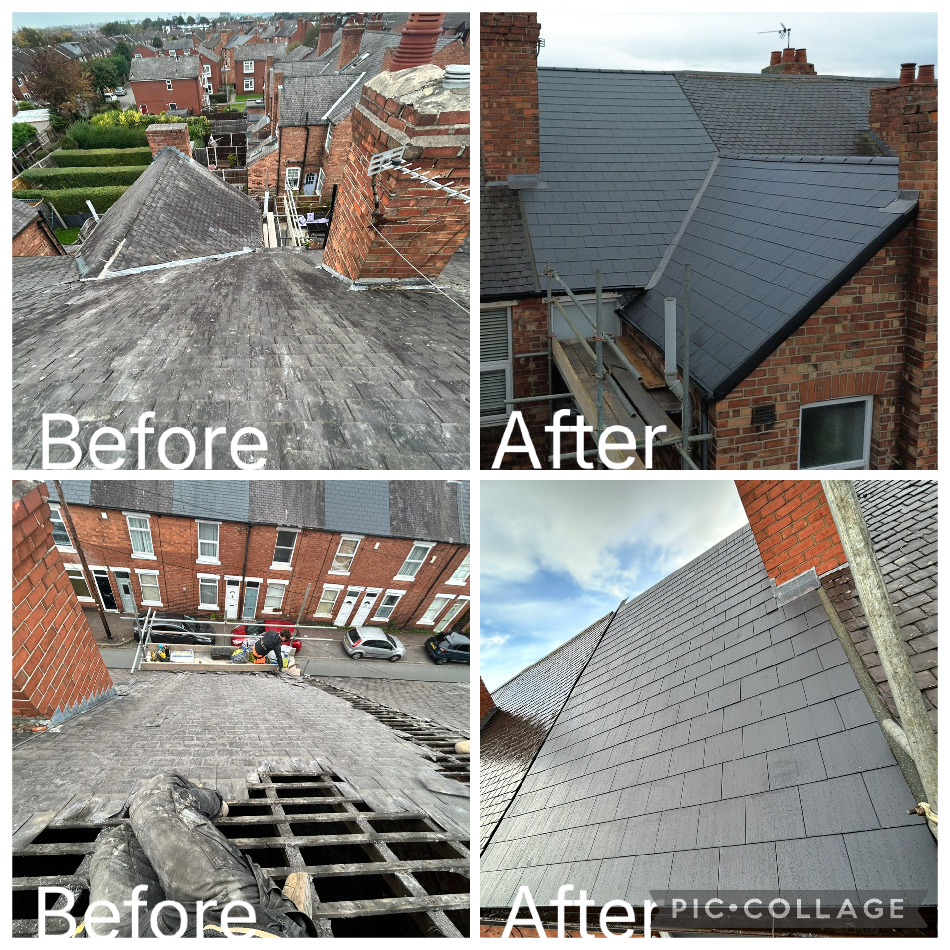 Close view of a roof slope with new tiles and pointed ridge tiles running along the top