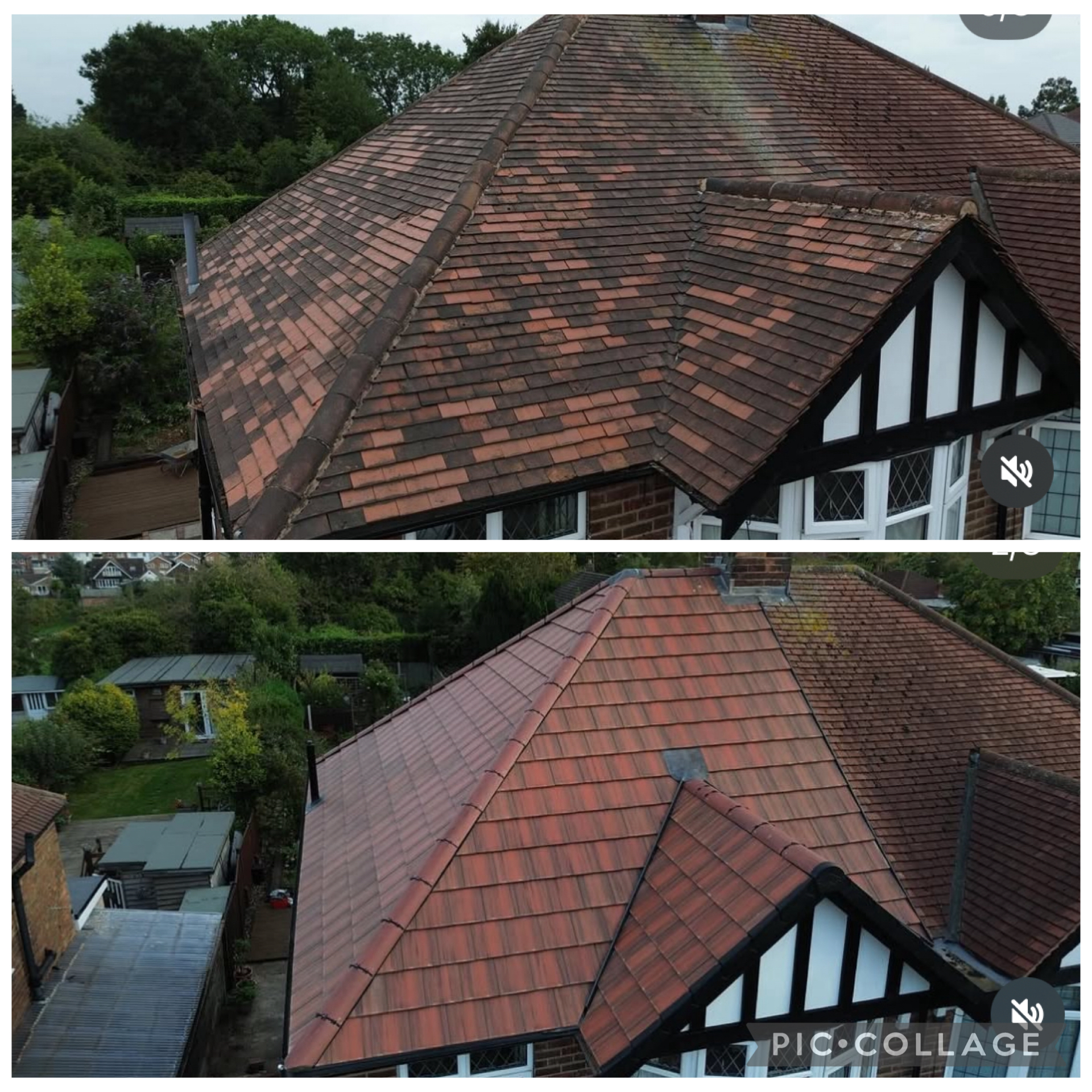 Roof under work with scaffolding boards along the edge and fresh tiles laid across the slope