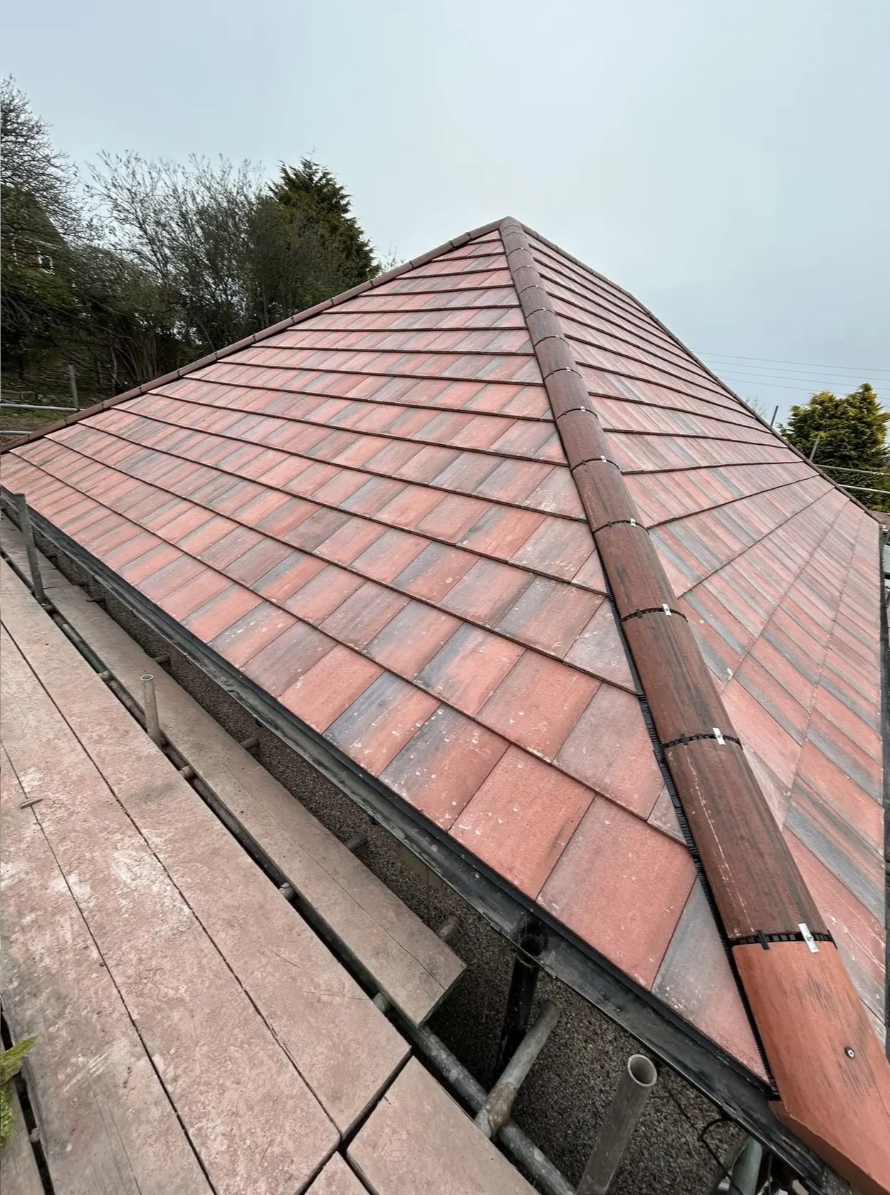 Red tiled hipped roof seen from the scaffold, gardens and houses in the background