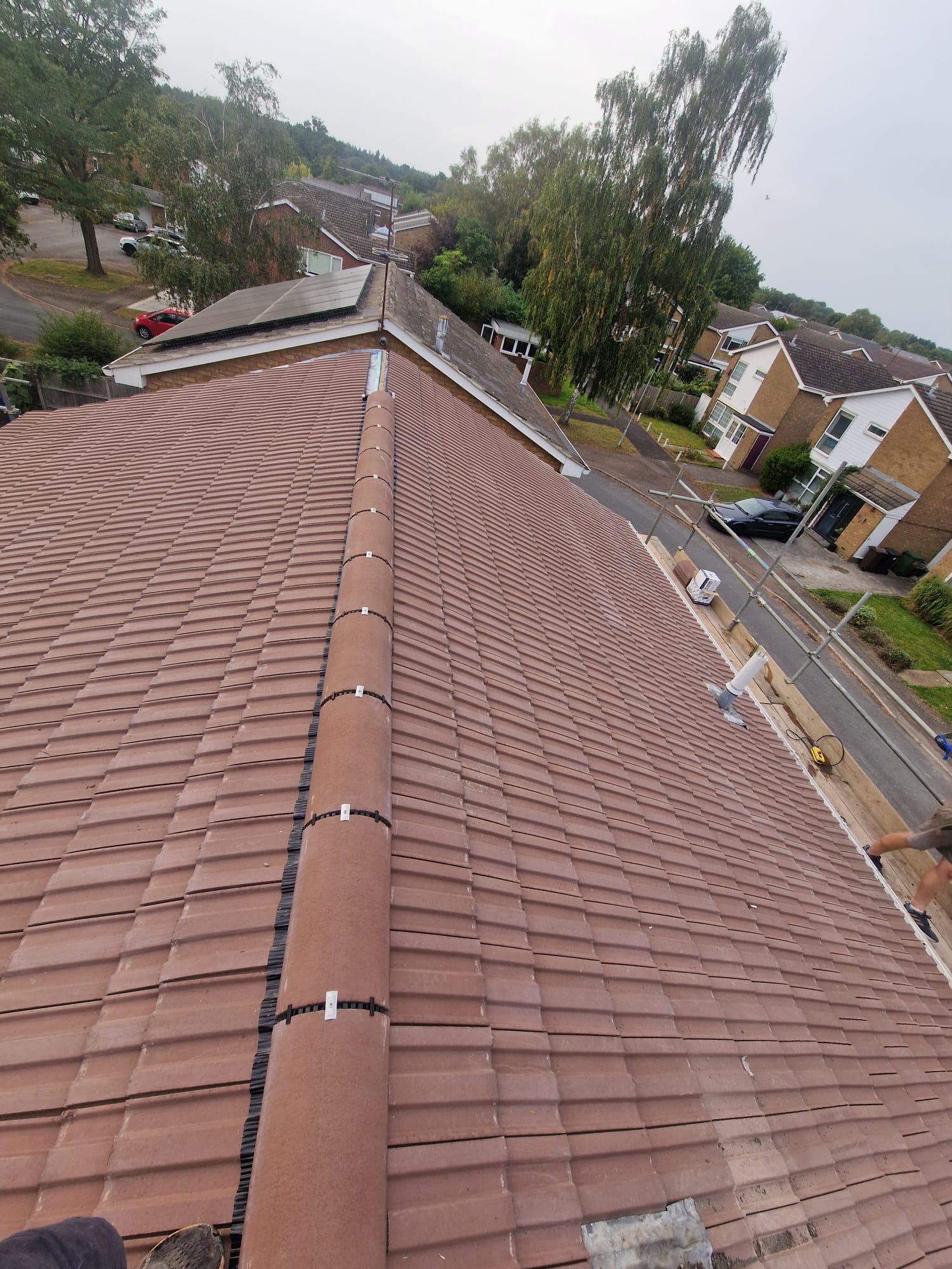 Long red tiled roof with a straight finished ridge