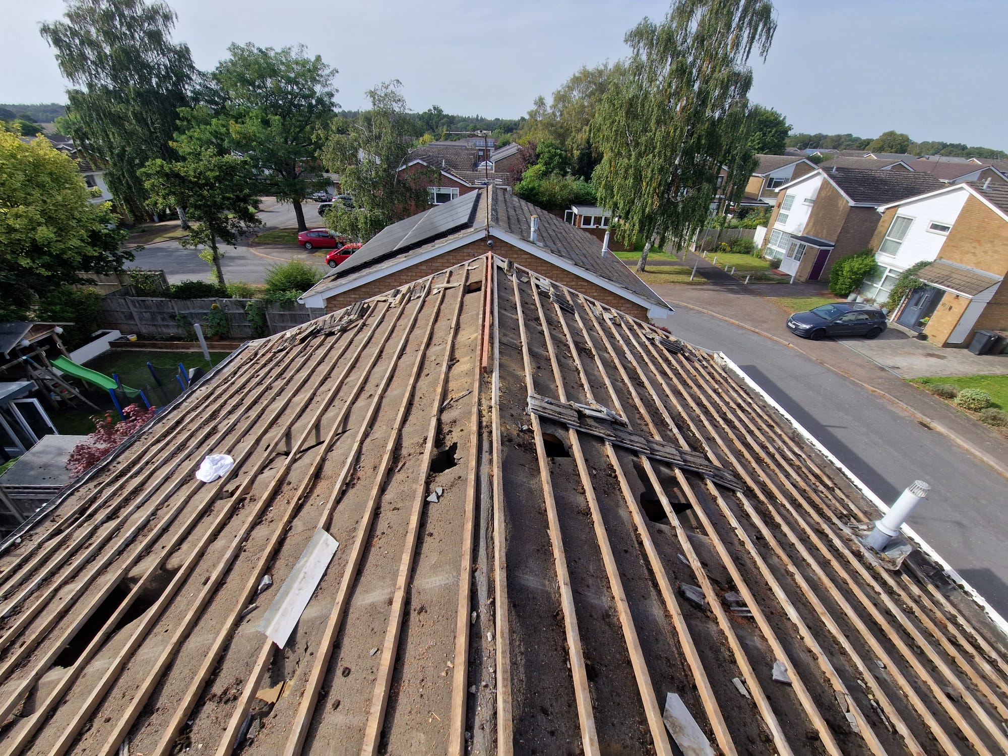 Roof battens exposed during a full roof renewal